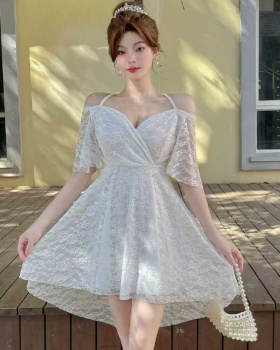 Lace short sleeve pinched waist big skirt dress