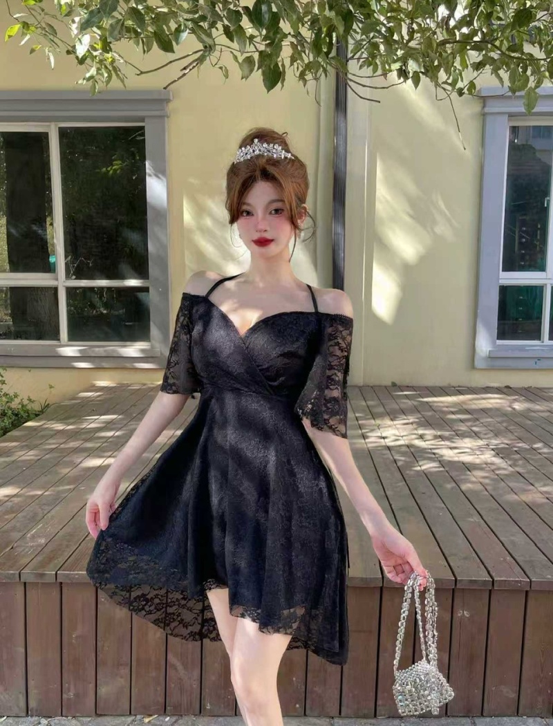 Lace short sleeve pinched waist big skirt dress