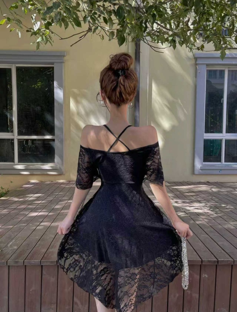 Lace short sleeve pinched waist big skirt dress