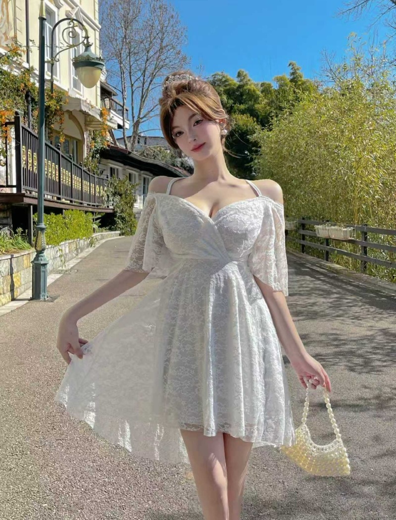 Lace short sleeve pinched waist big skirt dress