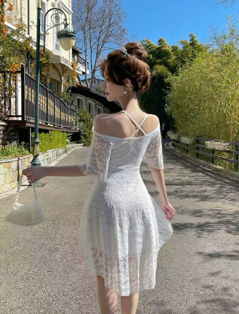 Lace short sleeve pinched waist big skirt dress