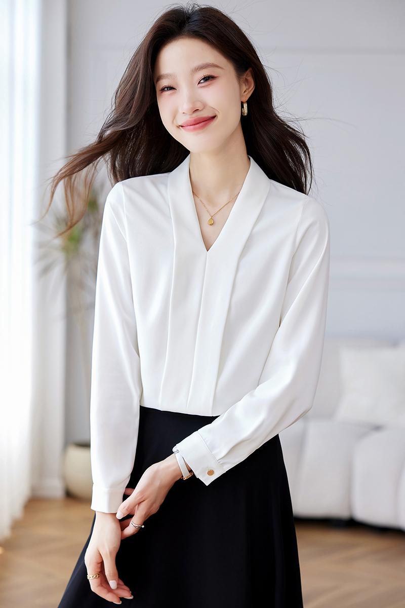Bottoming long sleeve tops V-neck all-match shirt for women