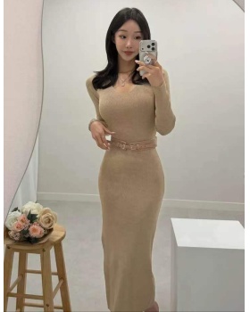 Knitted V-neck pinched waist Korean style dress