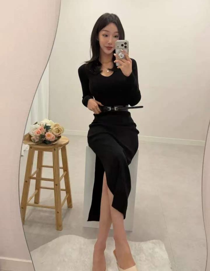 Knitted V-neck pinched waist Korean style dress