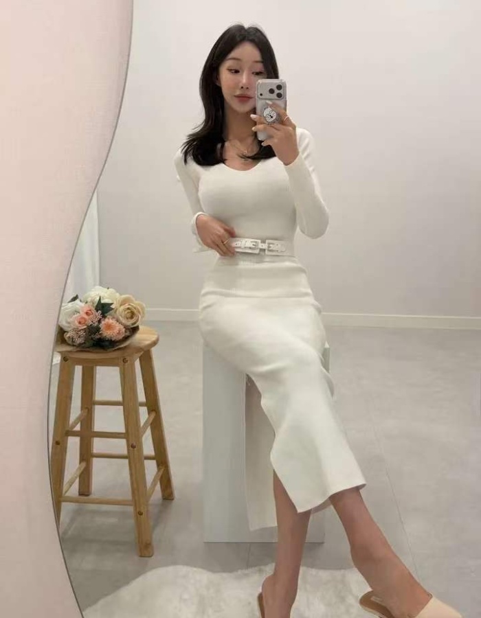 Knitted V-neck pinched waist Korean style dress