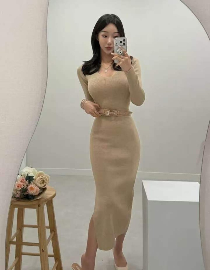 Knitted V-neck pinched waist Korean style dress