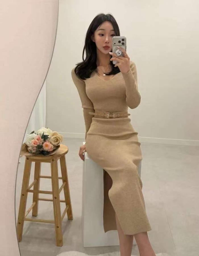 Knitted V-neck pinched waist Korean style dress