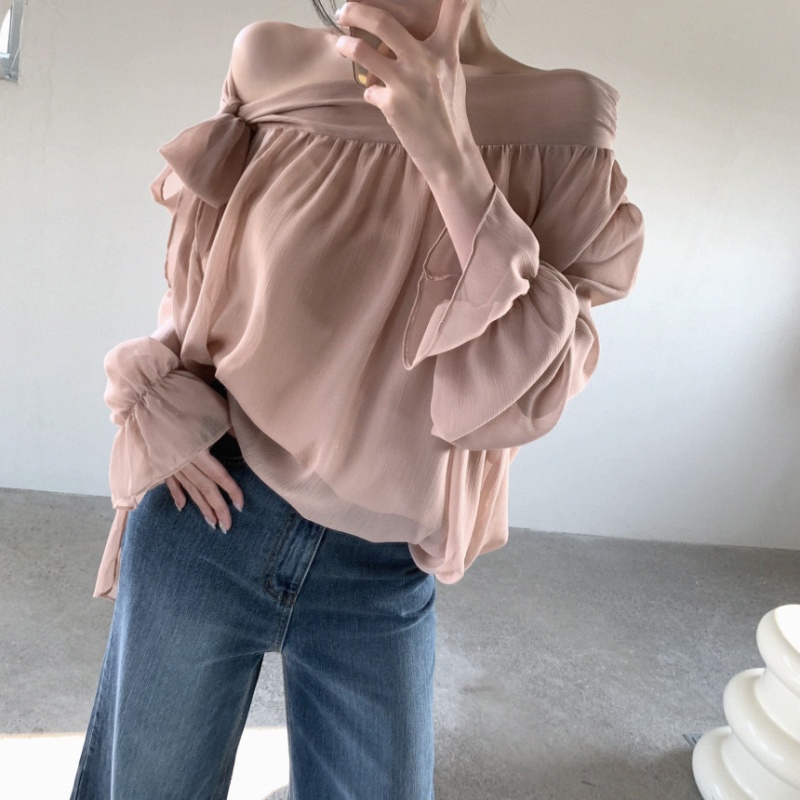 Long sleeve Korean style niche oblique collar tops