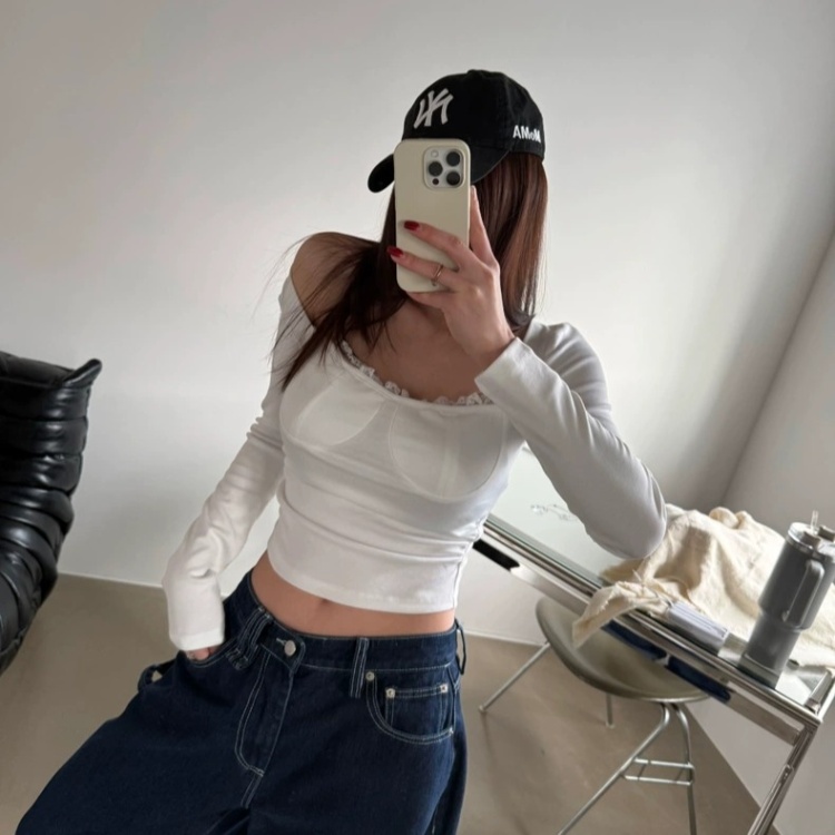 Long sleeve strapless sexy T-shirt spring bandage tops