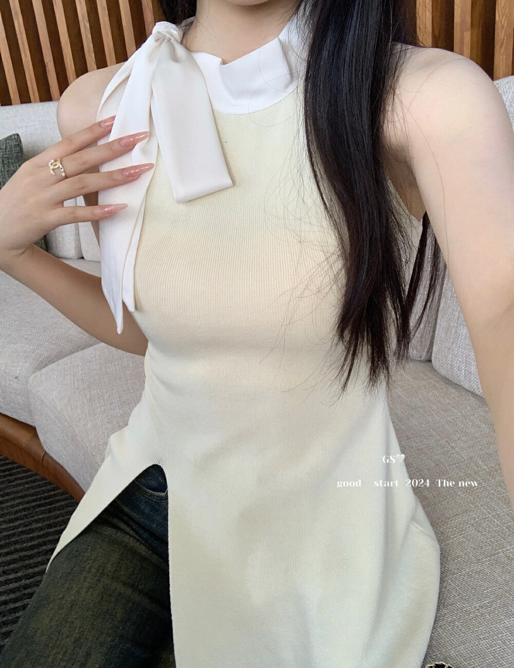 Sling chanelstyle ribbon vest spring pinched waist sweater