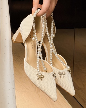 Bow France style pearl shoes pointed thick high-heeled shoes