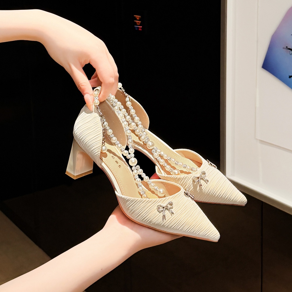 Bow France style pearl shoes pointed thick high-heeled shoes