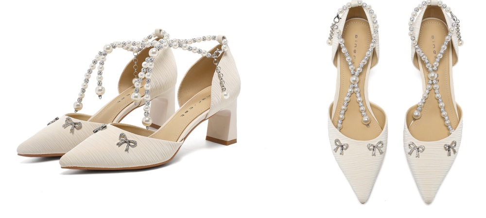 Bow France style pearl shoes pointed thick high-heeled shoes