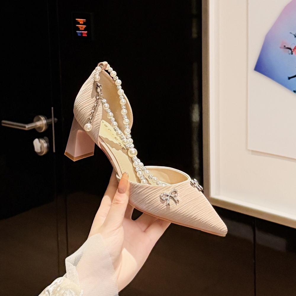 Bow France style pearl shoes pointed thick high-heeled shoes