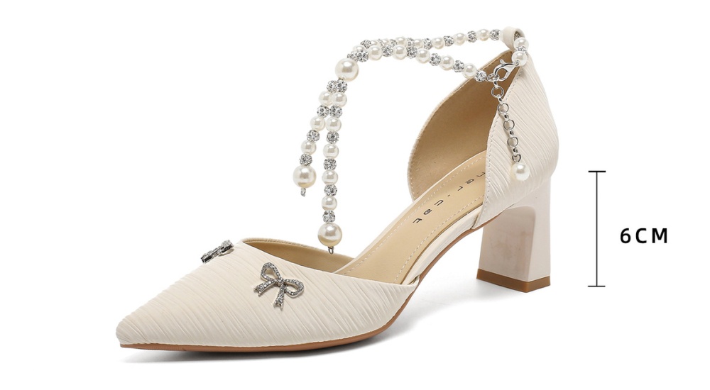 Bow France style pearl shoes pointed thick high-heeled shoes