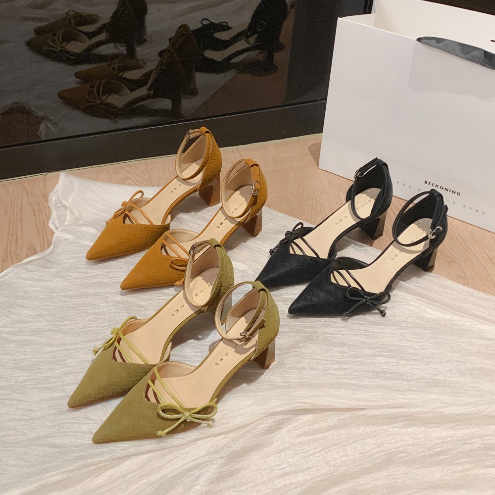 Bow low high-heeled shoes pointed shoes for women