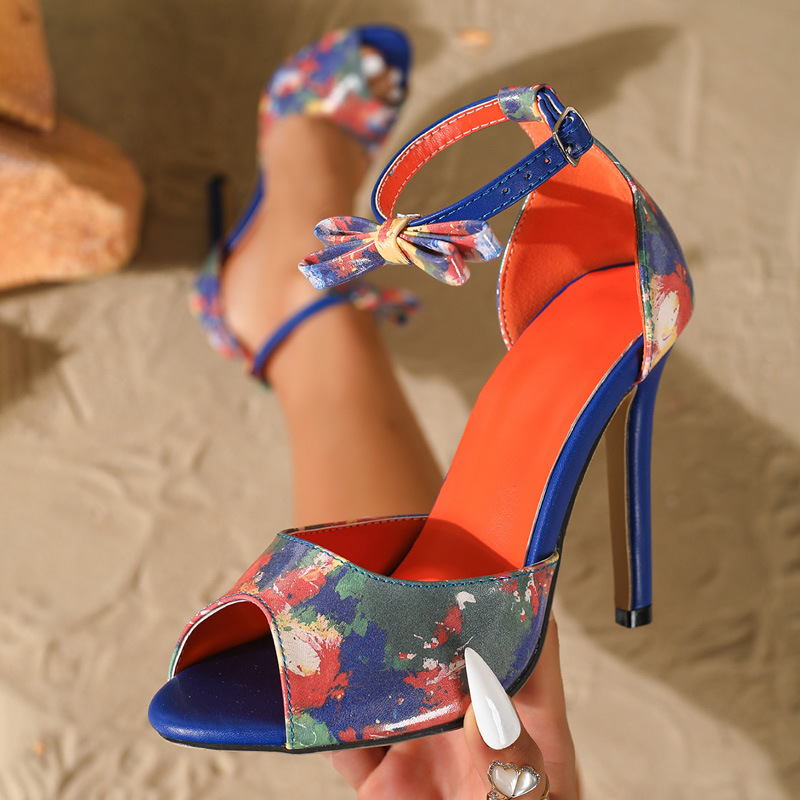 Cingulate open toe printing fine-root sandals for women