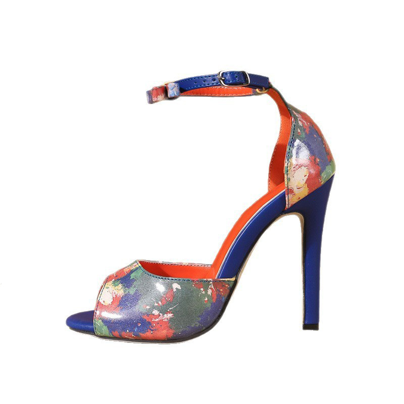 Cingulate open toe printing fine-root sandals for women