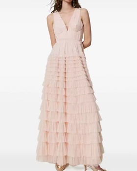 Lady long pinched waist dress V-neck gauze lady dress for women