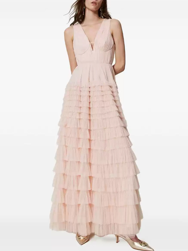 Lady long pinched waist dress V-neck gauze lady dress for women