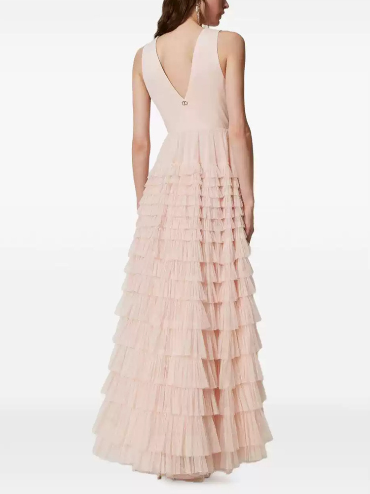 Lady long pinched waist dress V-neck gauze lady dress for women