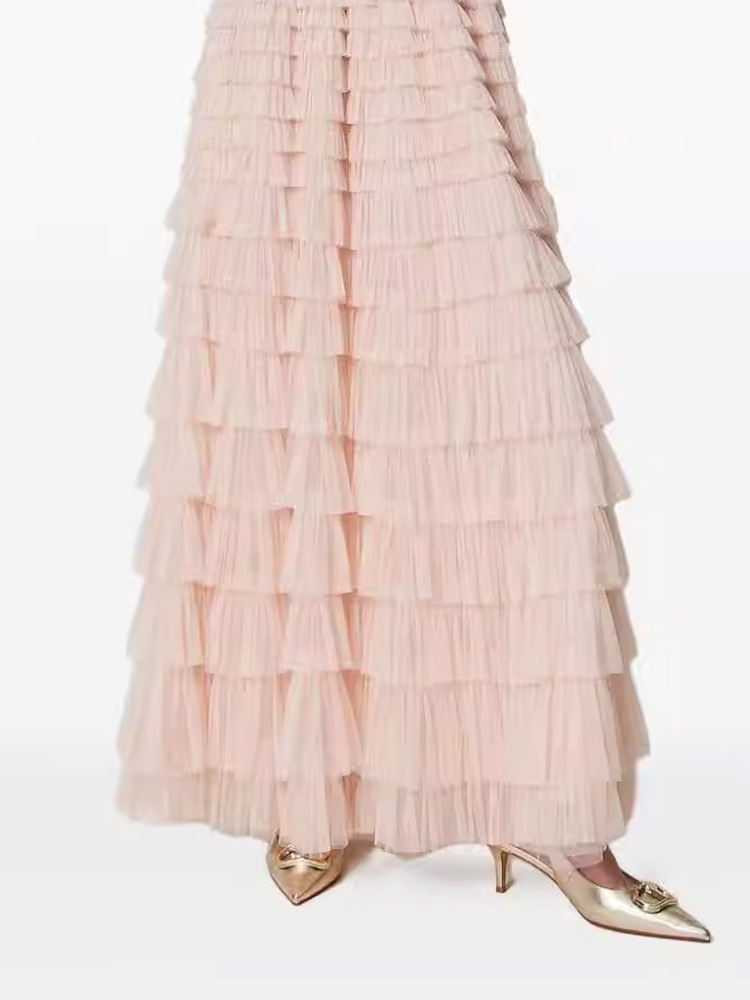 Lady long pinched waist dress V-neck gauze lady dress for women