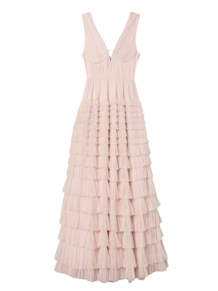 Lady long pinched waist dress V-neck gauze lady dress for women