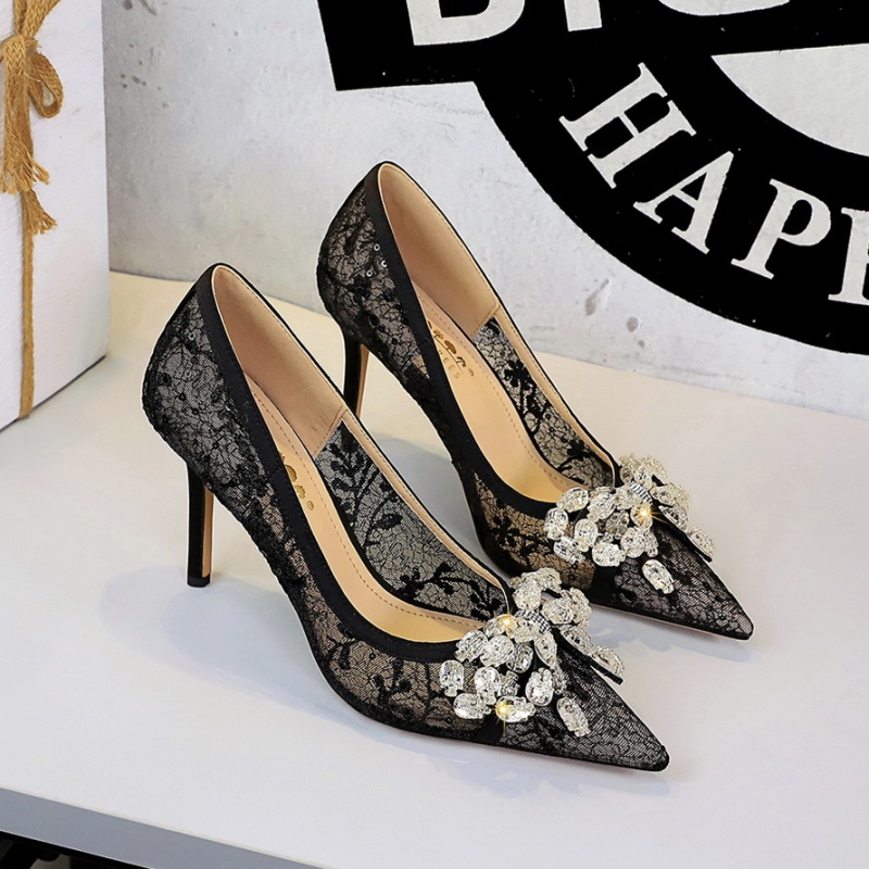 Pointed gauze high-heeled shoes low European style shoes