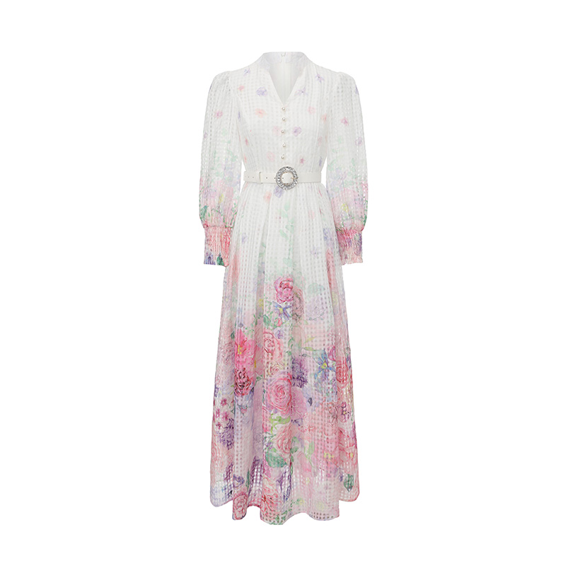Spring and summer painting flowers long lantern sleeve dress