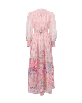 Long spring and summer painting flowers lantern sleeve dress