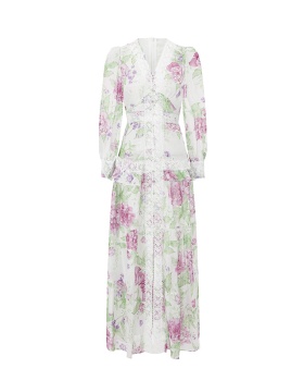 Lace long flowers painting splice printing dress