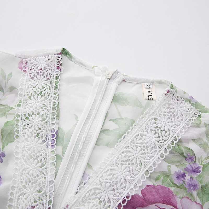 Lace long flowers painting splice printing dress