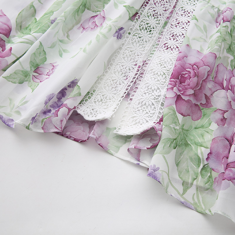 Lace long flowers painting splice printing dress