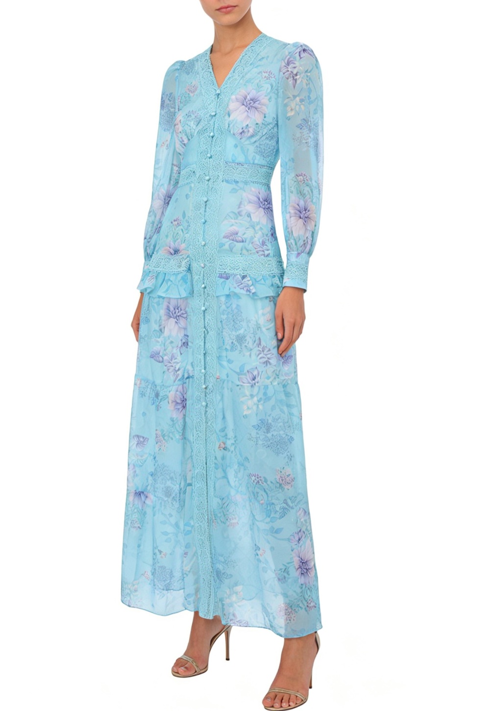 Painting long lace splice printing dress