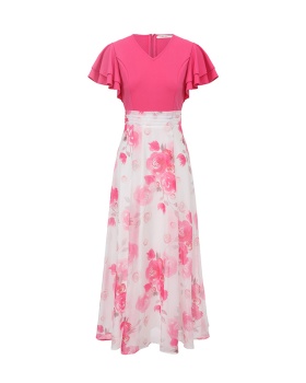 Multilayer printing long splice lotus sleeve dress