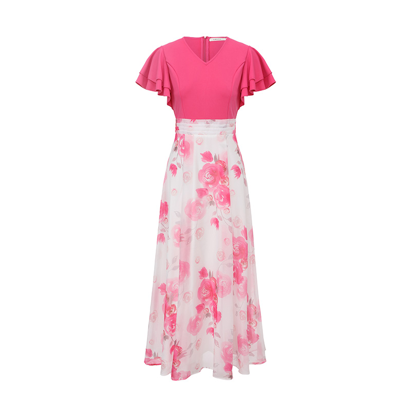 Multilayer printing long splice lotus sleeve dress