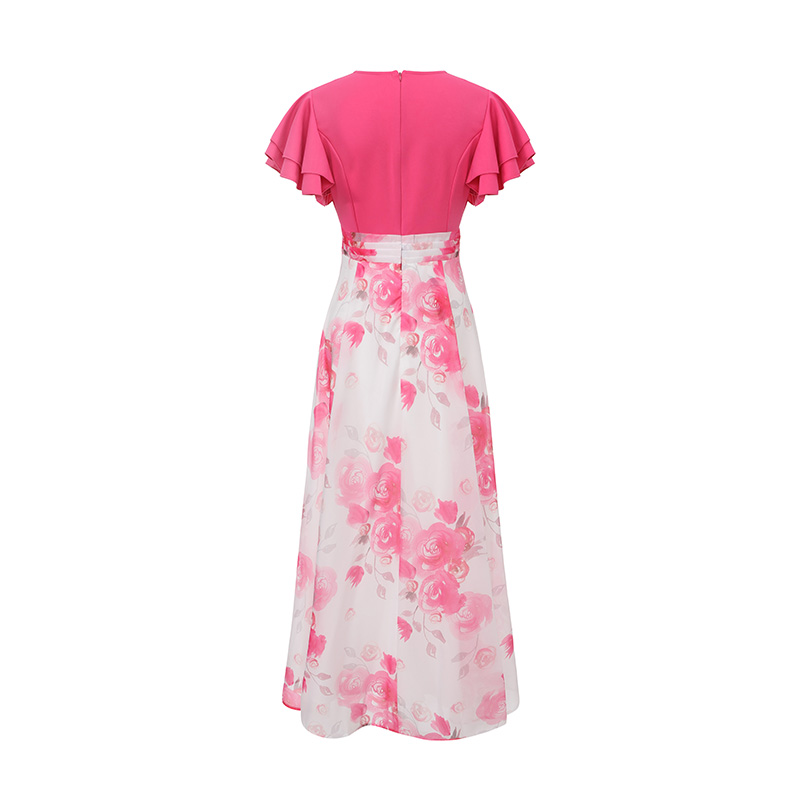 Multilayer printing long splice lotus sleeve dress