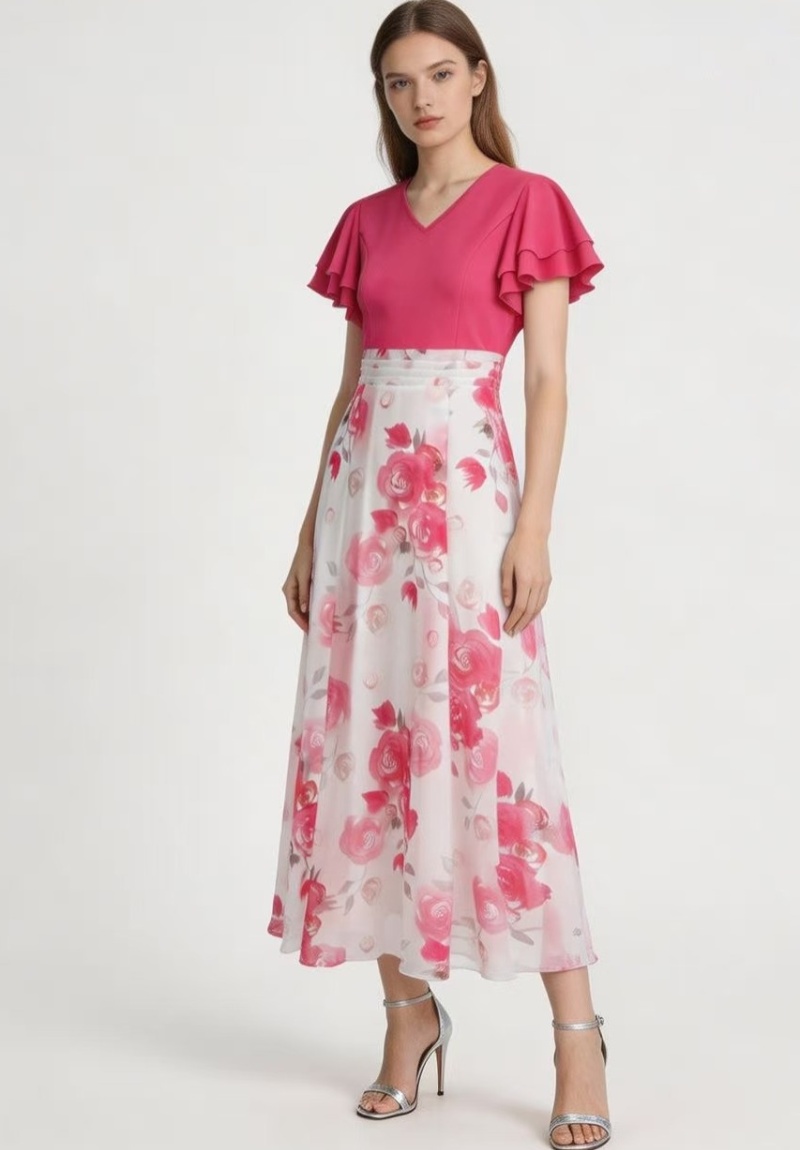 Multilayer printing long splice lotus sleeve dress