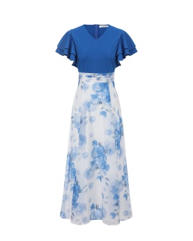 Lotus sleeve printing spring and summer multilayer dress