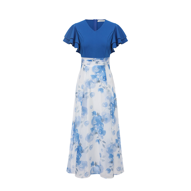 Lotus sleeve printing spring and summer multilayer dress