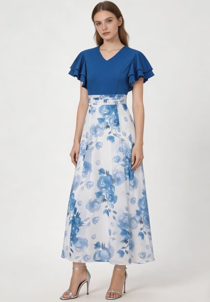 Lotus sleeve printing spring and summer multilayer dress