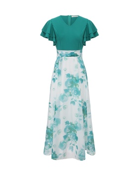 Printing long splice lotus sleeve multilayer dress