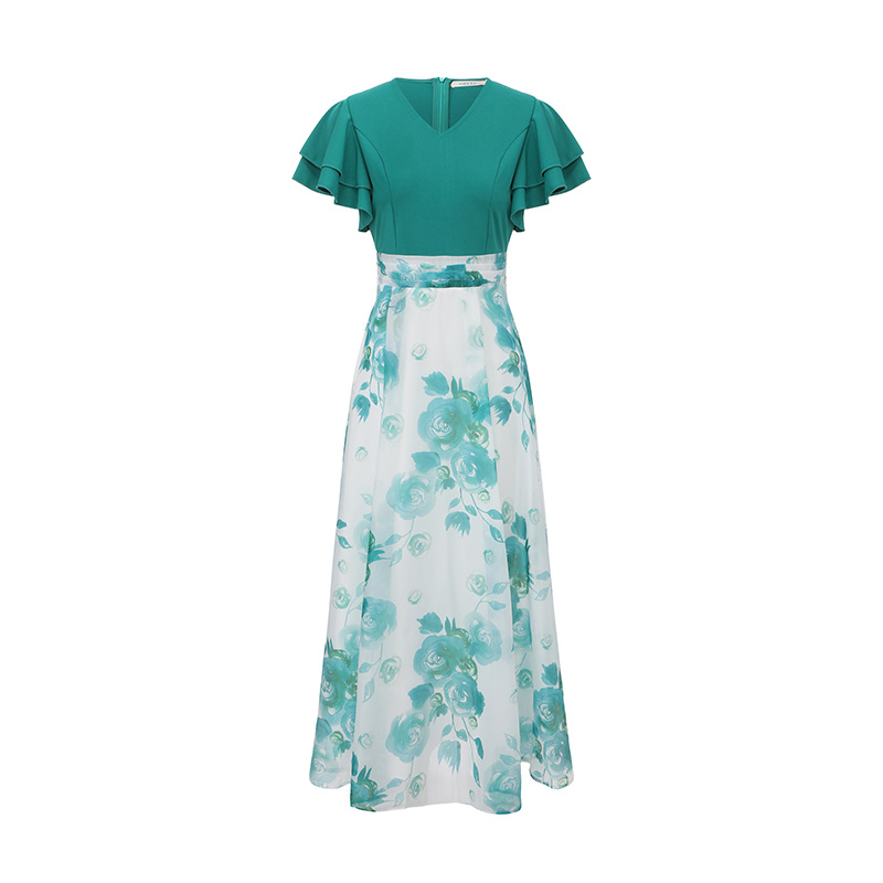 Printing long splice lotus sleeve multilayer dress