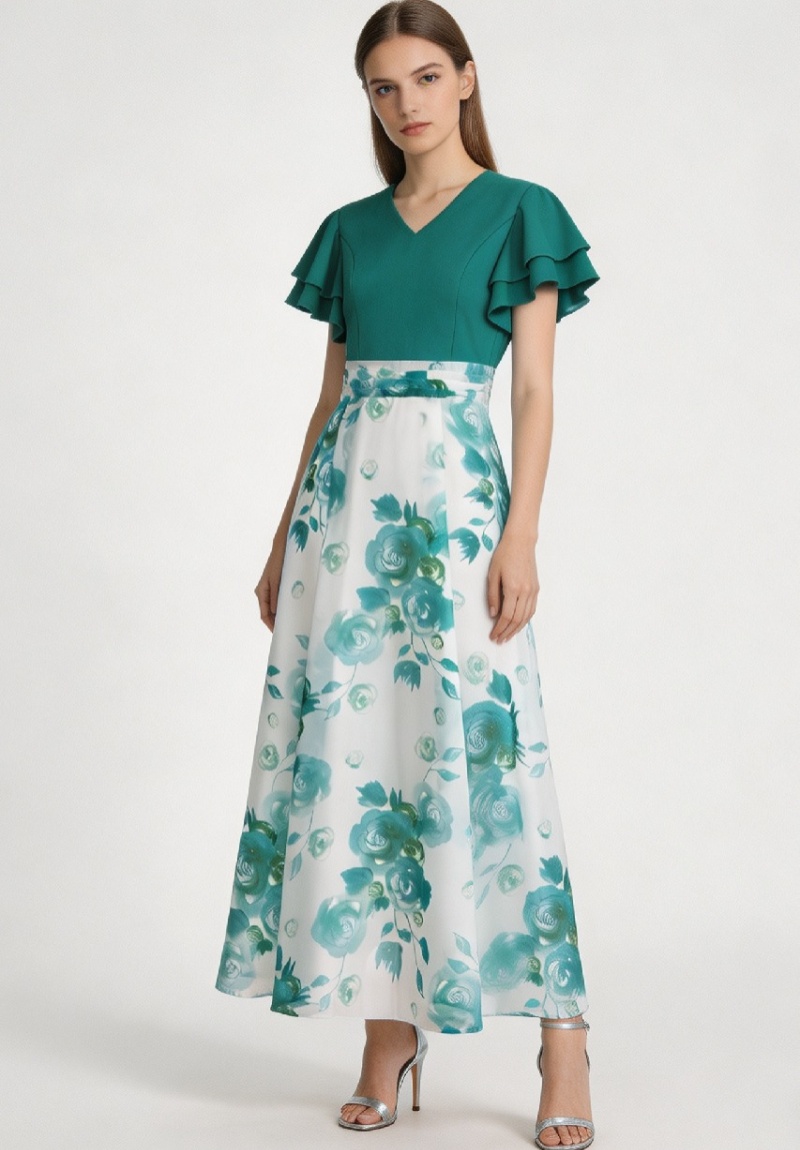 Printing long splice lotus sleeve multilayer dress