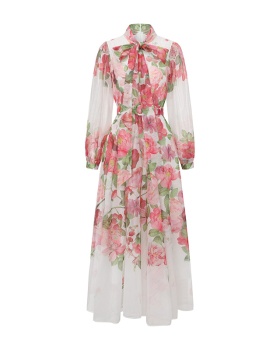 Big skirt puff sleeve painting flowers long dress