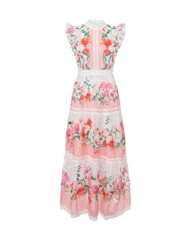 Splice spring cstand collar long boats sleeve lace dress