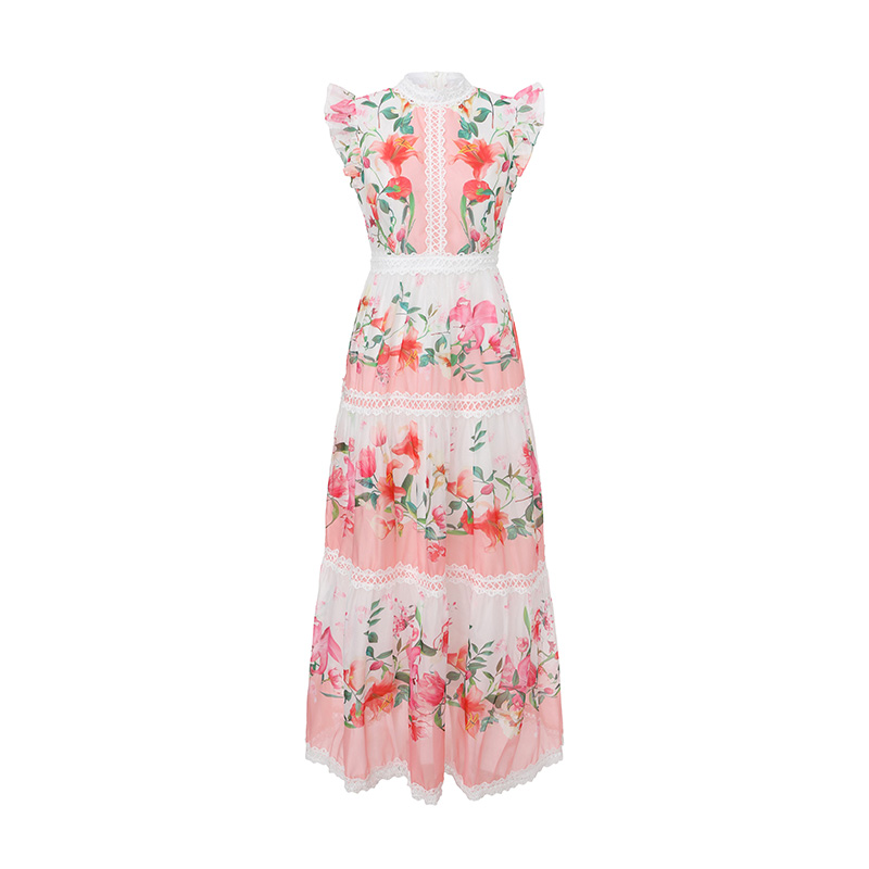 Splice spring cstand collar long boats sleeve lace dress