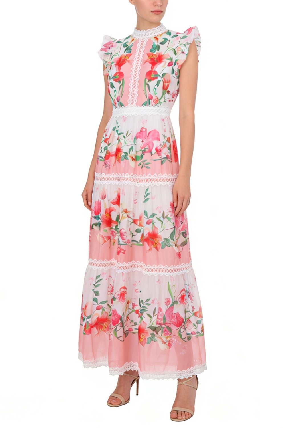 Splice spring cstand collar long boats sleeve lace dress