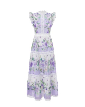 Lace splice spring boats sleeve long cstand collar dress