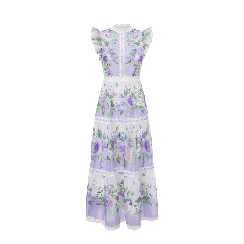 Lace splice spring boats sleeve long cstand collar dress